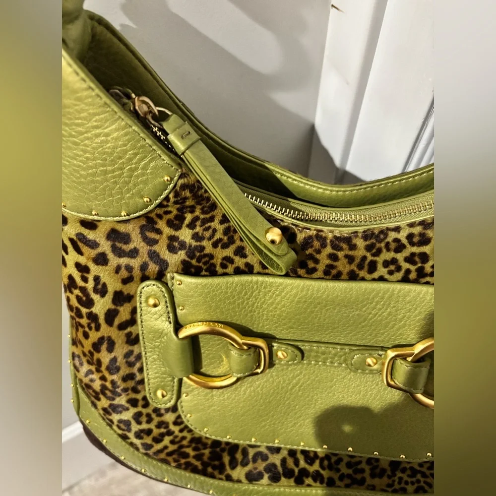 Cole Haan Stephanie Leopard Haircalf Hobo Bag Moss Green Leather NWT $395